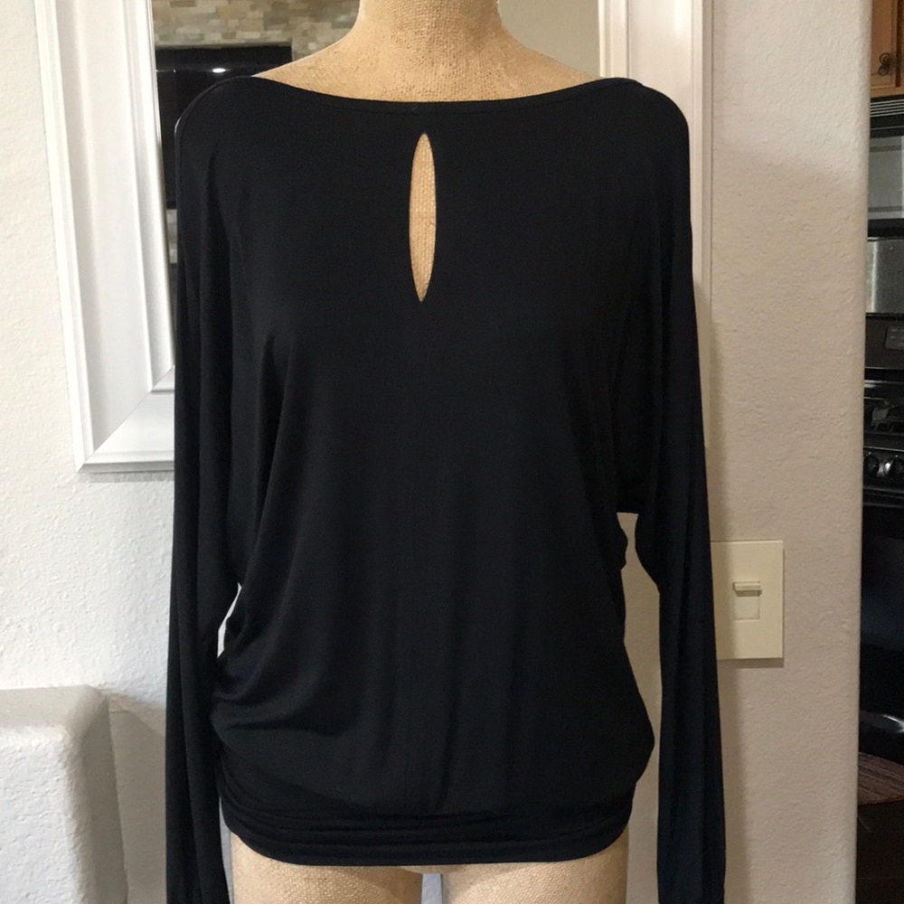 Boston Proper  Keyhole Front Black Cold Shoulder Top Ruched Waist NWOT Sz Small